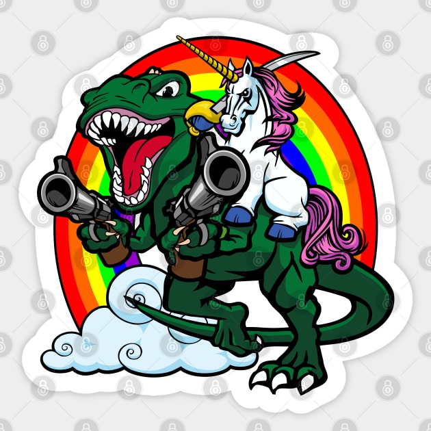 Unicorn Riding a Dinosaur into Battle Sticker by DavesTees